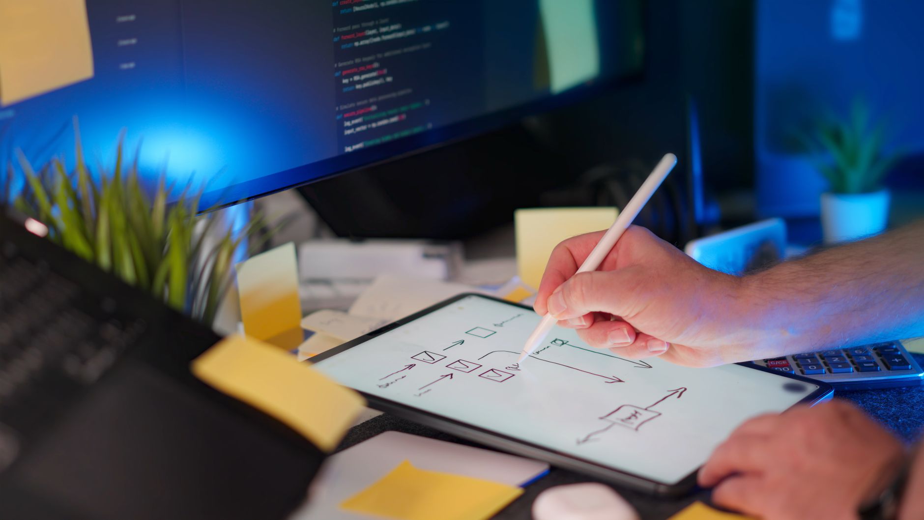 Programista szkicujący diagramy na tablecie obok ekranu z kodem TypeScript
